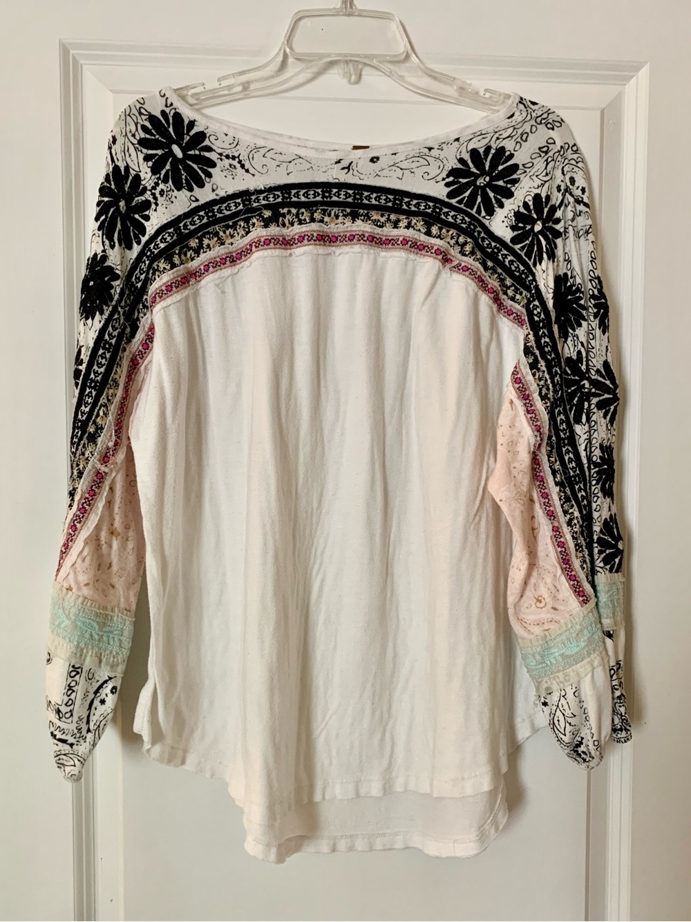 Free People White Boho Tunic with Black Floral Embroidery and Pastel Accents